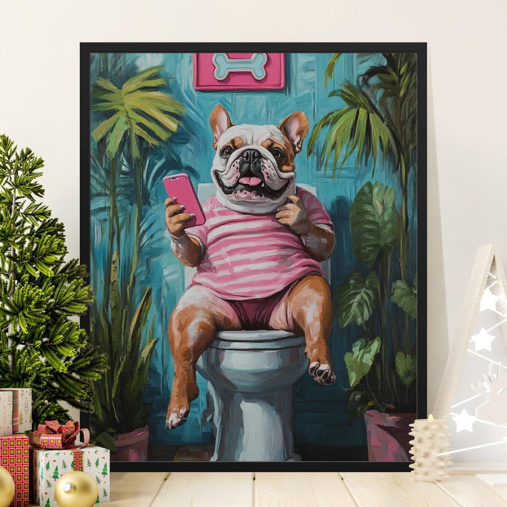 Funny French Bulldog Bathroom Wall Art, Dog On Toilet Poster, Hum.Orous ...