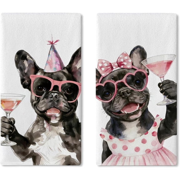 Funny French Bulldog Birthday Party Kitchen Dish Towels Set of 2, Pink Frenchie Cocktail Drying Hand Towel Baking Cooking Cloth, Bar Pub Bathroom Home Decor Pet Dog Owner Lover Gifts 18''x26''