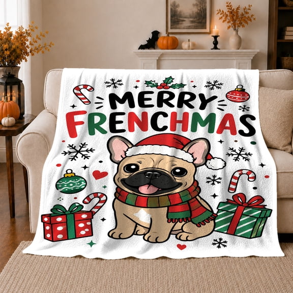Funny French Bulldog Christmas Cheer, Playful Pet Portrait Pattern, Warm Flannel Blanket for Living Room and Bedroom, Dog Lovers Christmas Gift, Pet Lover Home Decor