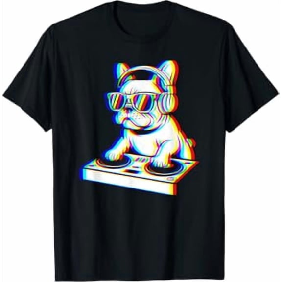 Funny French Bulldog DJ Glitch Rave EDM Music Party T-Shirt, Unisex Cotton T-Shirt, Sizes S-5XL
