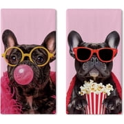 Funny French Bulldog Kitchen Dish Towels Set of 2, Pink Frenchie Bubblegum Popcorn Drying Hand Towel Baking Cooking Cloth, Bathroom Home Decoration Pet Dog Owner Lover Gifts 18 x 26