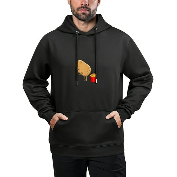 Funny French Fries Designs Print Men's Hoodie, Men's Casual Graphic Design Pullover HoodedSweatshirt with Kangaroo Pocket Streetwear for Winter Fall