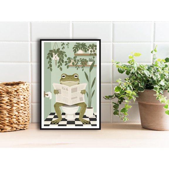 Funny Frog Bathroom Art Set Whimsical Botanical Prints Poster 8x12 UNFRAMED