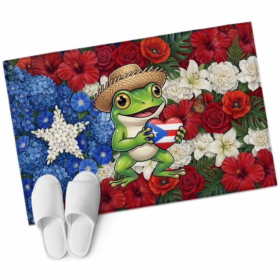 Funny Frog Bathroom Rug Washable 2x3 Entryway Rug Non Slip Farmhouse Red Blue Floral Puerto Rico Flag Front Door Mat Low Pile Indoor Doormat Throw Floor Carpet for Kitchen Bedroom Entrance