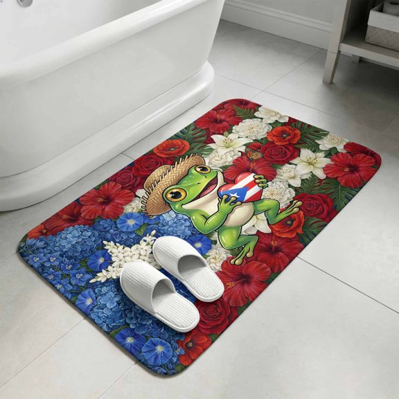 Funny Frog Bathroom Rugs Non Slip Washable Bath Mat Absorbent Front Door Mat Farmhouse Red Blue Floral Puerto Rico Flag Indoor Doormat for Kitchen Entryway Shower Decor Accessories 15.7"x23.6"