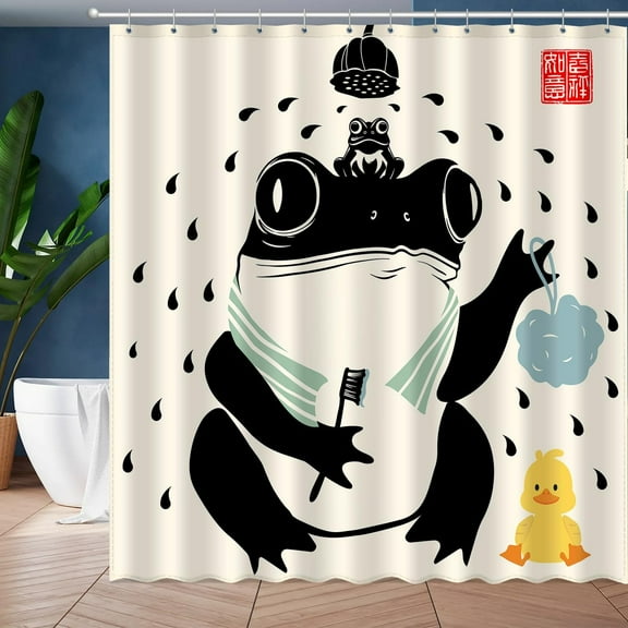 Funny Frog Bathroom Shower Curtain Set 72x72 Inches, Cute Anime Asian Japanese Style Art Bath Accessories, Cool Animal Yellow Duck Vintage Black Beige Home Decor with 12 Hooks