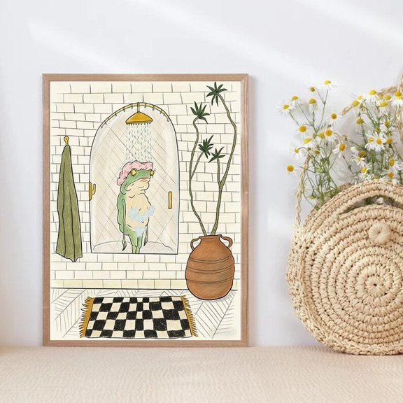 Funny Frog Bathroom Wall Art Print Cute Frog Shower Illustration Poster 8x12 UNFRAMED
