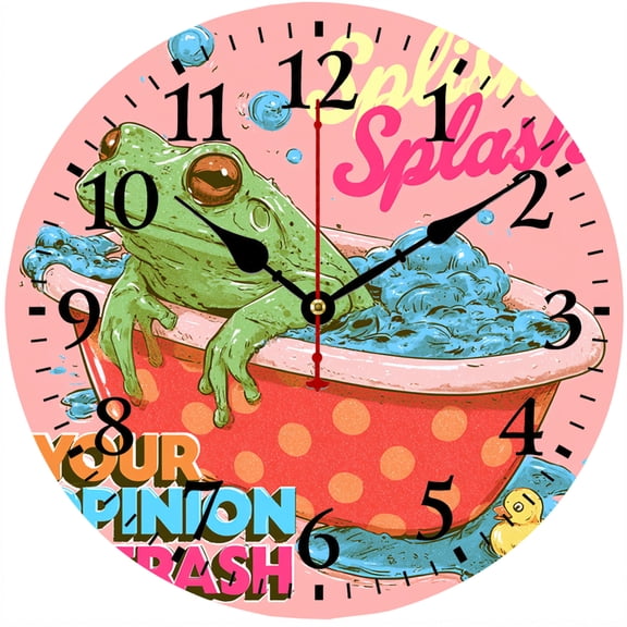 Funny Frog Bathroom Wall Clock, 9.84 Inch Battery Operated Analog Clock, Pink Round Novelty Decor