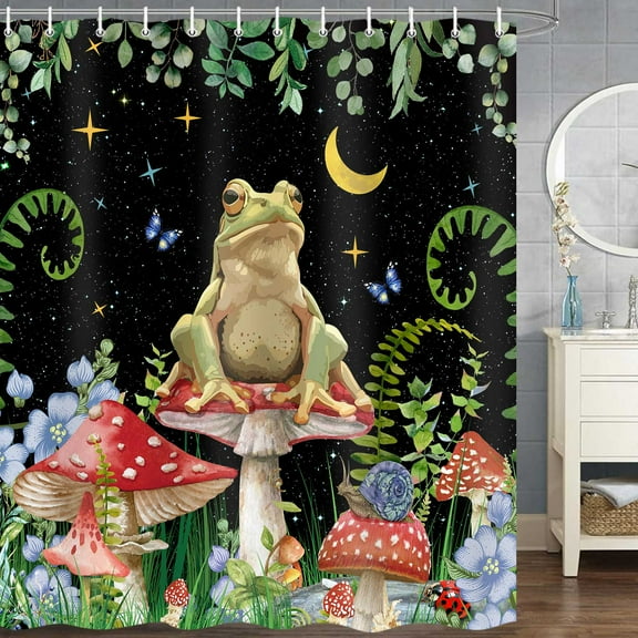 Funny Frog Boho Shower Curtain, Mushroom Butterfly Vertical Frog Aesthetic Moon Bath Curtain, Green Floral Botanical Cottagecore Cloth Shower Curtains Bathroom Accessories with Hooks, Black, 72X72in