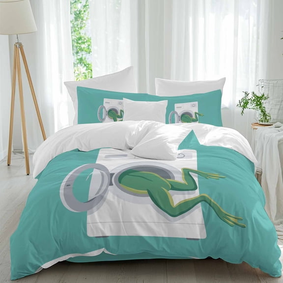 Funny Frog Comforter Set Queen Size, Green Frog's Butt White Washing Machine Farmhouse Soft Bedding Set for Man Woman, 4 Pieces Duvet Cover Set with Fitted Sheet, 2 Pillowcases