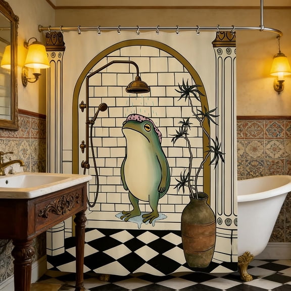 Funny Frog Cute Bathroom Shower Curtain 60W by 71H Inch Animal Hilarious Vintage Retro Polyester Fabric 12 Plastic Hooks Waterproof Decor