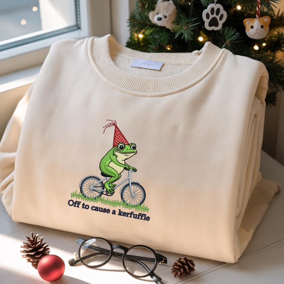 Funny Frog Embroidered T-Shirt: Off to Cause a Kerfuffle Tee