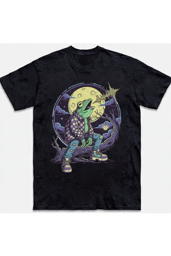 Funny Frog Flannel Howling Moon Spooky Tree Retro Graphic Tee Gift Men