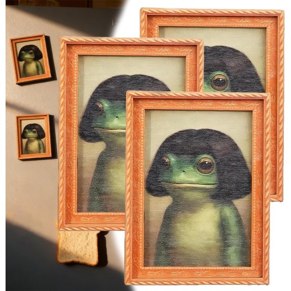 Funny Frog Fridge Magnet Kitchen Decor, Vintage Frog Art Refrigerator Magnet, Unique Frogs Portrait with a Distinctive Hairstyle, Complete with a Picture Frame, for Fridge or Magnetic Board