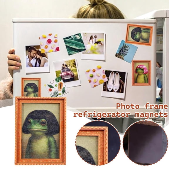 Funny Frog Fridge Magnet Kitchen Decor, Vintage Frog Art Refrigerator Magnet, Unique Frogs Portrait with a Distinctive Hairstyle, Complete with a Picture Frame, for Fridge or Magnetic Board