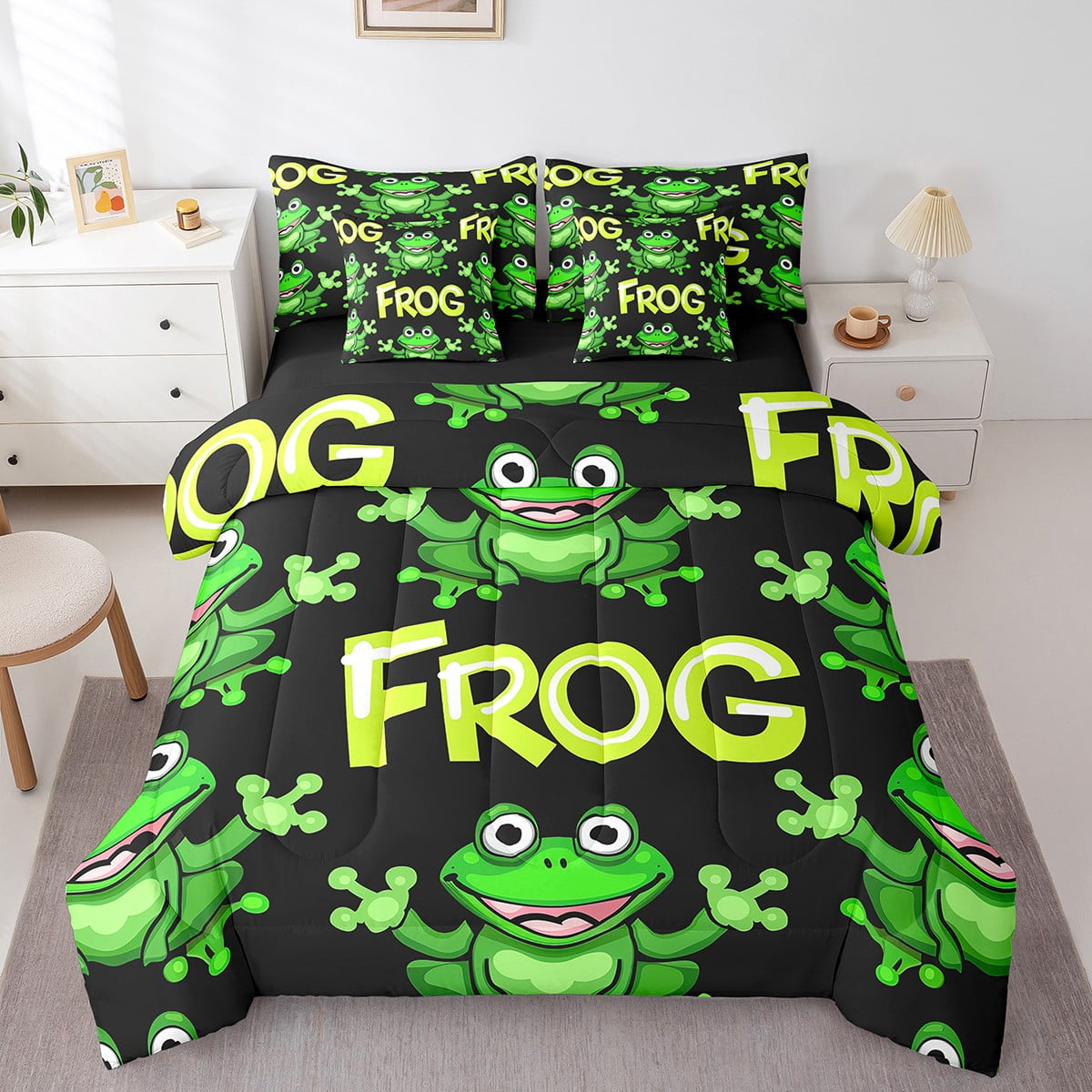 Funny Frog Bedding Set Cute Cartoon Frog King Comforter Set 7 Piece ...