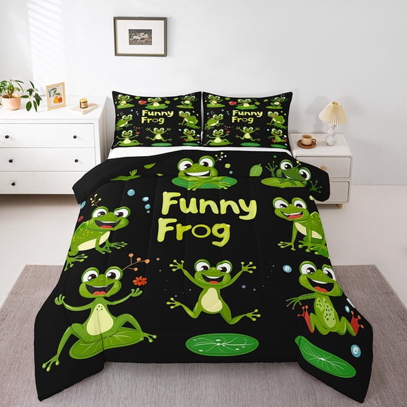 Funny Frog Kids Comforter Set Twin,Tropical Frog Bedding Set Cute Cartoon Rainforest Animal Wildlife Down Comforter For Boys Girls Lotus Leaf Decor Quilt Set 2 Pcs