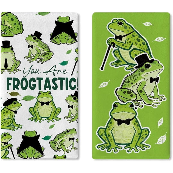 Funny Frog Kitchen Dish Towels Set of 2, Humorous Inspirational You are Frogtastic Drying Hand Towel Baking Cooking Cloth, Green Motivational Positive Bathroom Home Decoration 18''x26''