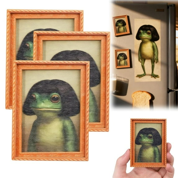 Funny Frog Magnet, Funny Frog Fridge Magnet Kitchen Decor, Vintage Frog Art Refrigerator, Complete with a Picture Frame for Animal Lovers, Friends(3Pcs)