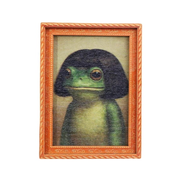 Funny Frog Magnet, Vintage Frog Art Refrigerator Magnet with Bob Haircut, Cute Wooden Oil Paint Toad Decor with a Wood Picture Frame for Refrigerator, Locker, Office
