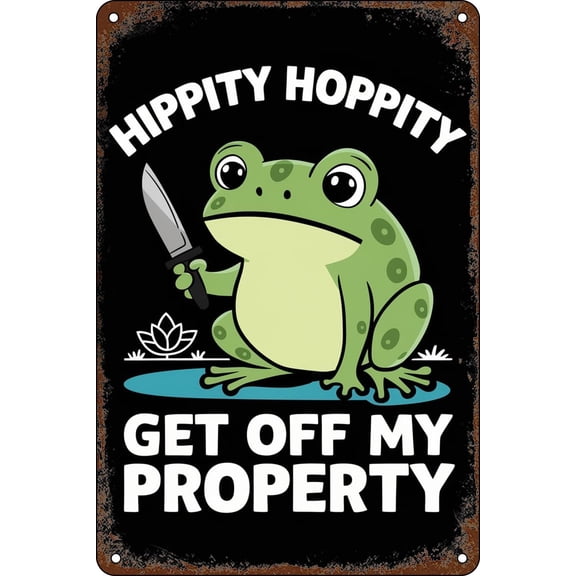 Funny Frog Metal Room Sign, Vintage Hippity Hoppity Get Off My Property Wall Decor, Warning Door Sign, 8 x 12 Inch