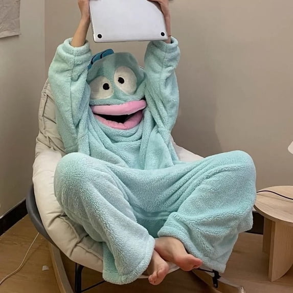 Funny Frog Monster Onesie Hooded Fleece Robe, Oversized Creature Hoodie Blanket Robe with Playful Eyes and Teeth, Plush Soft Cozy Lounge Costume for Parties, Pajama Nights and Funny Photos