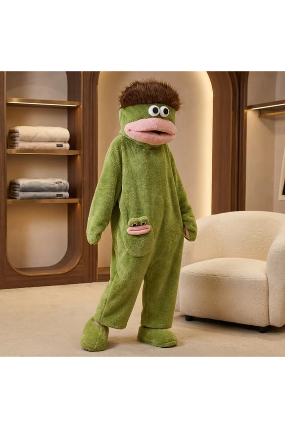 Funny Frog Monster Onesie Hooded Fleece Robe, Oversized Creature Hoodie Blanket Robe with Playful Eyes and Teeth, Plush Soft Cozy Lounge Costume for Parties, Pajama Nights and Funny Photos