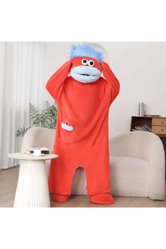 Funny Frog Monster Onesie Hooded Fleece Robe, Oversized Creature Hoodie Blanket Robe with Playful Eyes and Teeth, Plush Soft Cozy Lounge Costume for Parties, Pajama Nights and Funny Photos