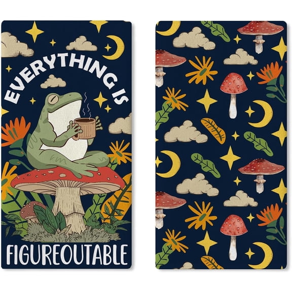 Funny Frog Mushroom Kitchen Dish Towels Set of 2, Inspirational Everything is Figureoutable Drying Hand Towel Baking Cooking Cloth, Positive Whimsical Farmhouse Bathroom Home Decor 18'' x 26''