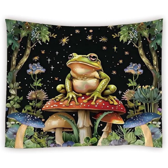Funny Frog Mushroom Tapestry Boho Night Starry Star Floral Sage Green Leaves Forest Botanical Plant Rustic Tapestries Wall Hanging for Bedroom Living Room Dorm Background Cloth
