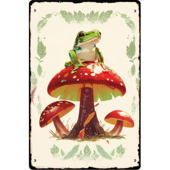Funny Frog Posters, Vintage Frog Mushroom Wall Art Prints, Vintage Mushroom And Frog Gifts, Novelty Tin Sign for Bathroom Bedroom Living Room Cafes Man Cave Decor 12x8 Inches
