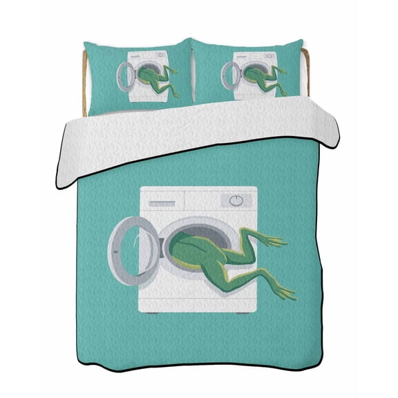 Funny Frog Quilts Bedding Set Queen Size Green Frog's Butt White Washing Machine Farmhouse Lightweight Quilted Bedspread 3 Piece Bed Quilt with 2 Pillow Shams All Season for Bedroom 78" x 90"