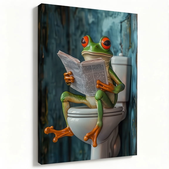 Funny Frog Reading Newspaper Toilet Wall Art Canvas Print Bathroom Decor