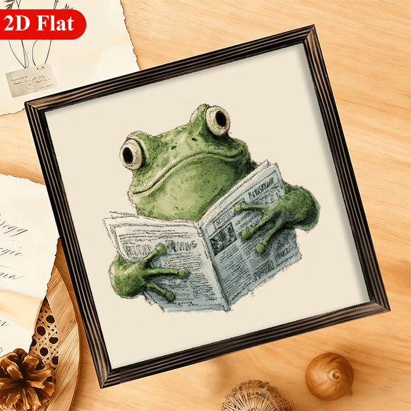 Funny Frog Reading Newspaper Wooden Wall Art Rustic Recycled Wood Frame, 12x12 inch Whimsical Home Decor for Living Room, Bedroom, Office