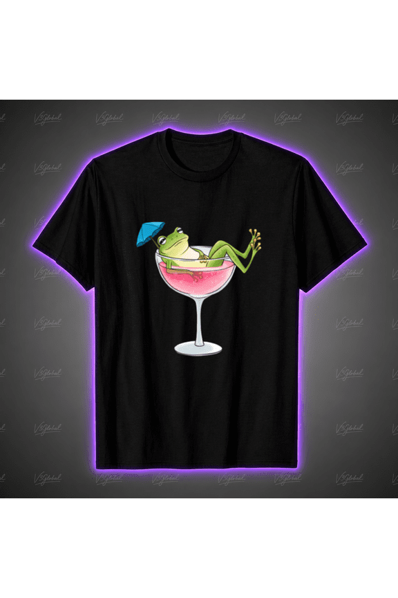 Funny Frog Relaxing in Cocktail Glass Drink Umbrella T-Shirt, for men & women, S-5XL
