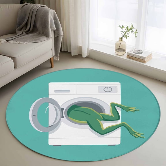 Funny Frog Round Rugs for Living Room 3ft Green Frog's Butt White Washing Machine Farmhouse Non Slip Circle Rug Washable Low-Profile Indoor Carpet for Bedroom, Dining Room, Bathroom