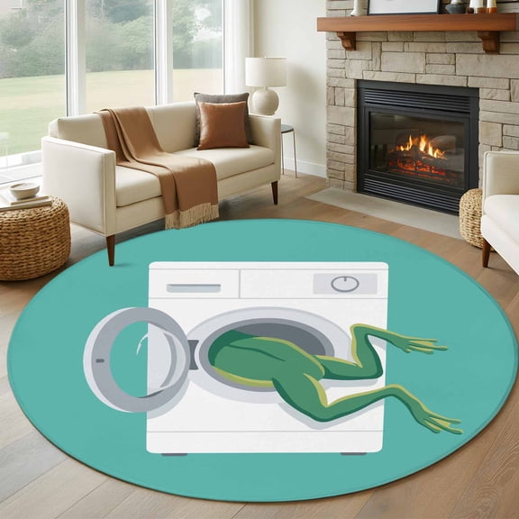 Funny Frog Round Rugs for Living Room 7ft Green Frog's Butt White Washing Machine Farmhouse Non Slip Circle Rug Washable Low-Profile Indoor Carpet for Bedroom, Dining Room, Bathroom