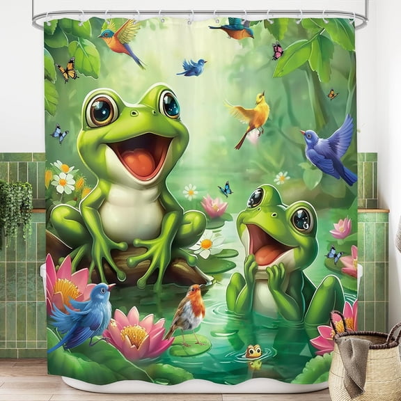 Funny Frog Shower Curtain Bathroomb Asian Style Traditional Japanese Art Cute Duck Bath Accessories Retro Black Beige Art Home Decor Fabric 66x72in