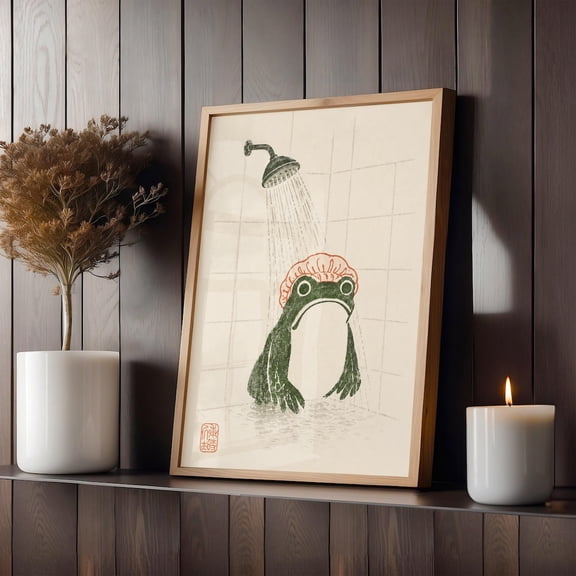 Funny Frog Shower Print, Vintage Japanese Style Frog Wall Art, Whimsical Bathroom Decor Unframed Paper Print