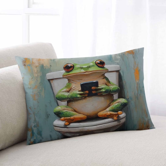 Funny Frog Throw Pillow Cover Case, Couch Sofa Bed Pillowcase, Soft Decorative Lumbar Pillow Protector, Retro Animals Sitting on Toilet Cell Phone 12x20Inch Reversible Pillow Shams with Zipper