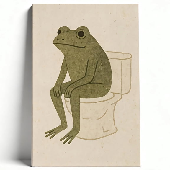 Funny Frog on Toilet Canvas Wall Art, Quirky Animal Bathroom Decor, Framed Minimalist Humorous Frog Print, Modern Whimsical Restroom Wall Sign 8*12inch(20*30cm)