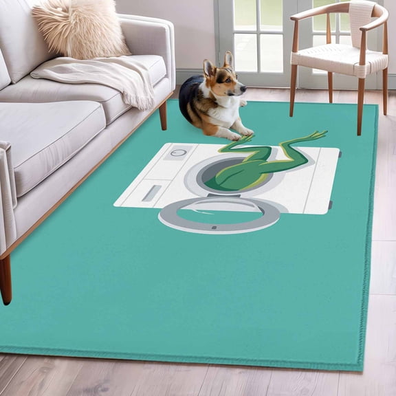 Funny Frog Washable Area Rug 3x5 Green Frog's Butt White Washing Machine Farmhouse Low-Profile Small Area Rugs with Non Slip Backing Indoor Floor Carpet for Entrance Living Room Bedroom Home Office
