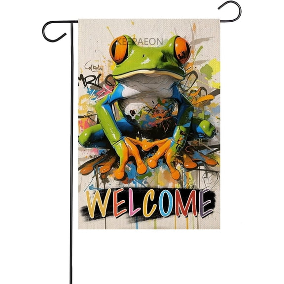 Funny Frog Welcome Linen Garden Flag Double Sided Cute Frog Outdoor Decoration Banner for Yard Lawn 12x18 In (458)