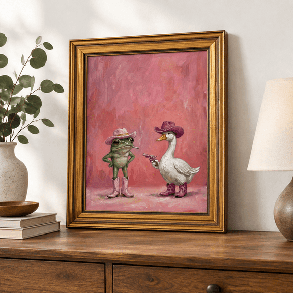 Funny Frog and Duck Framed 24"L x 16"W Canvas Art Print Western Dopamine Wall Decor