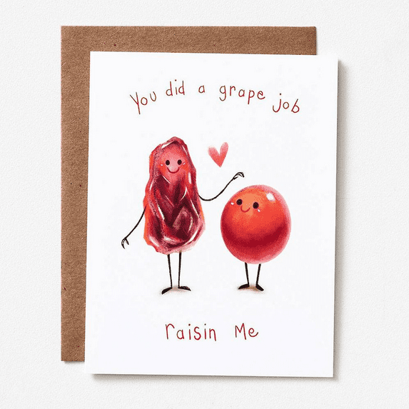 Funny Fruit Pun Greeting Card - "You Did a Grape Job Raisin Me" - Cute Card for Birthdays, Appreciation, or Just Because - Envelope Included