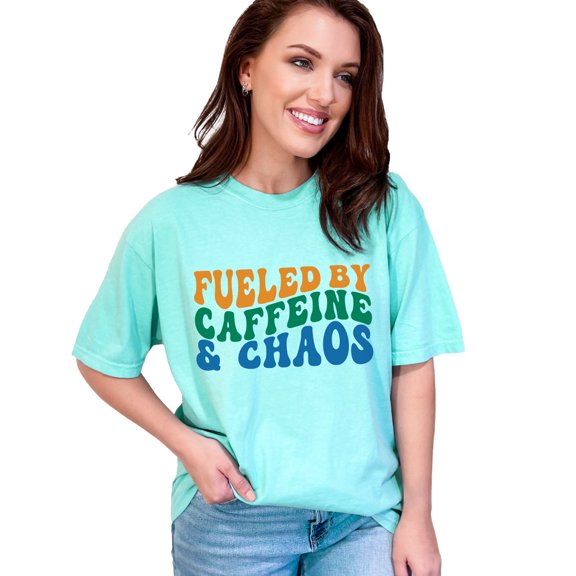 Funny Fueled by Caffeine & Chaos Quote, Groovy Retro Wavy Text, Chalky Mint Comfort Colors T-Shirt, XL