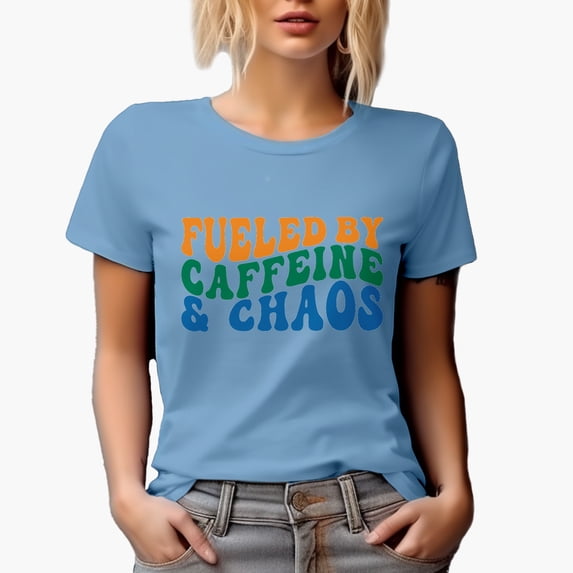 Funny Fueled by Caffeine & Chaos Quote, Groovy Retro Wavy Text Merch Gift, Baby Blue T-Shirt, Small