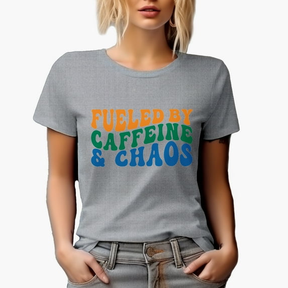 Funny Fueled by Caffeine & Chaos Quote, Groovy Retro Wavy Text Merch Gift, Heather Grey T-Shirt, 3XL