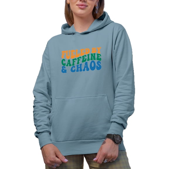 Funny Fueled by Caffeine & Chaos Quote, Groovy Retro Wavy Text Merch Gift, Light Blue Hooded Sweatshirt or Hoodie, Medium