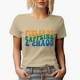 thumbnail image 1 of Funny Fueled by Caffeine & Chaos Quote, Groovy Retro Wavy Text Merch Gift, Tan T-Shirt, Medium, 1 of 5